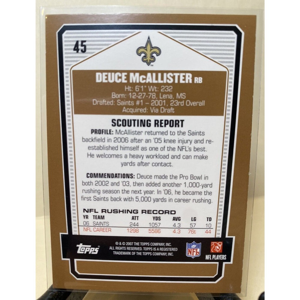 Deuce McAllister 2007‎ Topps Draft Picks Prospects DPP New Orleans Saints #45 - Picture 2 of 2